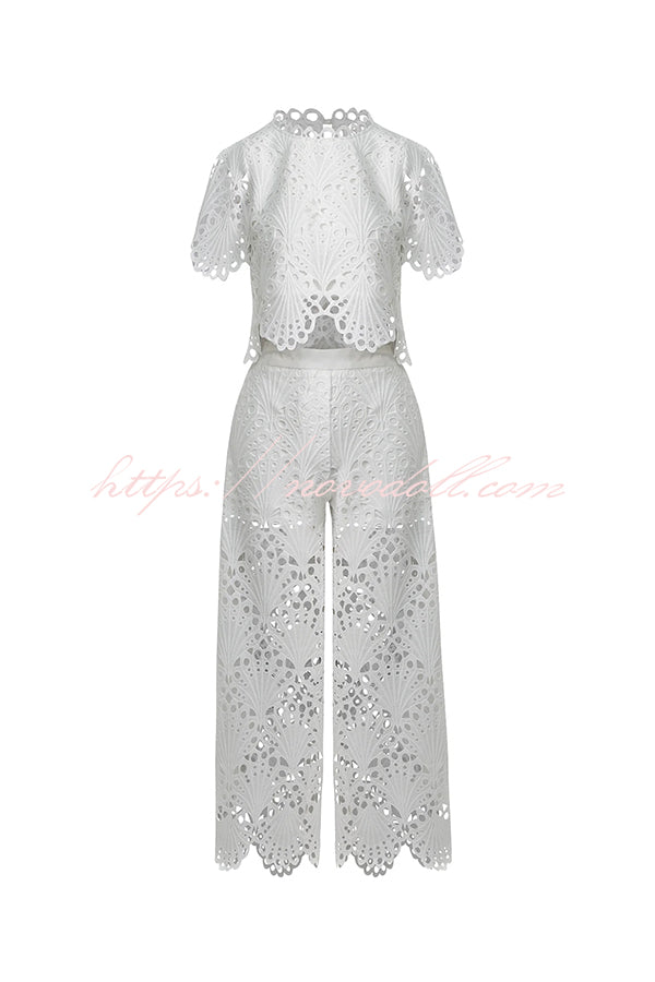 Eliose Scallop Cutout Embroidery Lace Elastic Waist Pocket Loose Pants