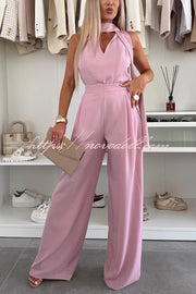 Deep Impression Solid Color Ribbon Neck Pocketed Wide Leg Jumpsuit