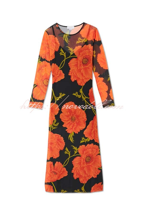 Perfect Cross-season Mesh Poppy Flower Print Long Sleeve Stretch Maxi Dress