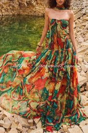 Vacay Vibes Colorful Lava Print Off Shoulder Smocked Scarf Maxi Dress