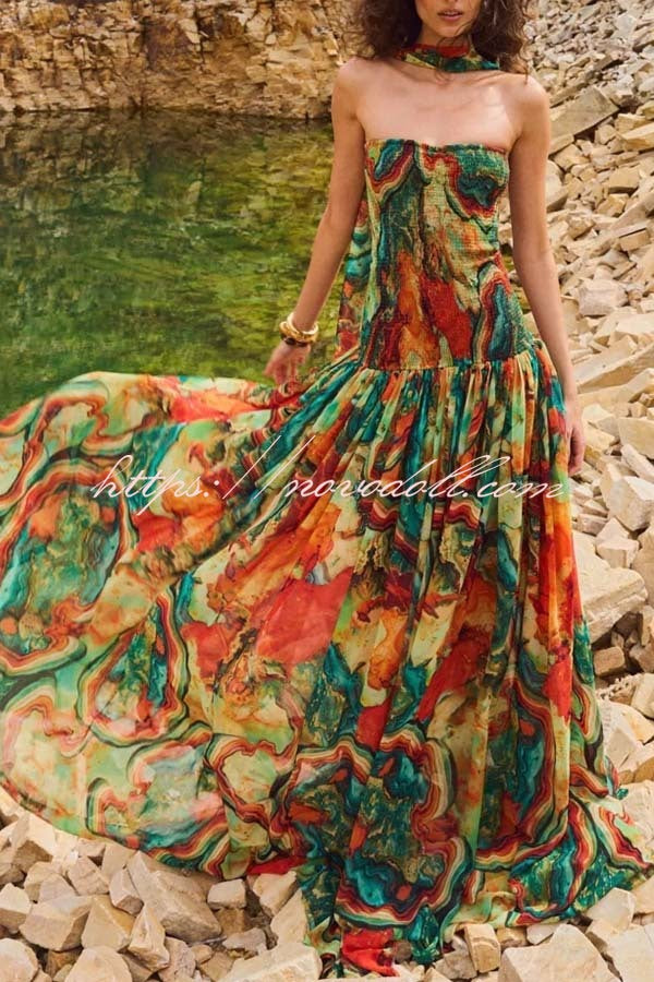 Vacay Vibes Colorful Lava Print Off Shoulder Smocked Scarf Maxi Dress