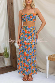 Linen Blend Summer Fruit Print Camisole Top and Elegant Lace Back Slit Maxi Skirt Set