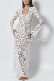 Santorini Sunset Floral Lace Long Sleeve Slit Vacation Maxi Dress