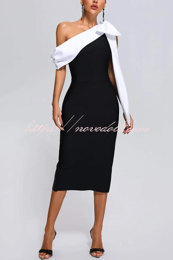 Elegant Evening Look One Shoulder Bandage Bow Stretch Midi Dress