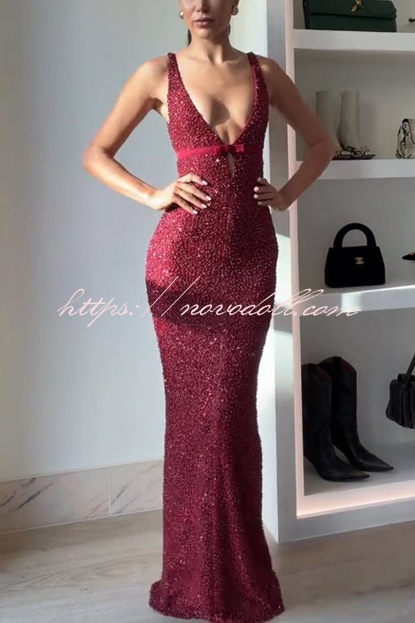 Festival Shines Sequin Beaded Mesh Bow Cutout Detail Slit Maxi Dress