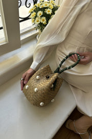 Fashionable Straw Pearl Embellished Bucket Bag
