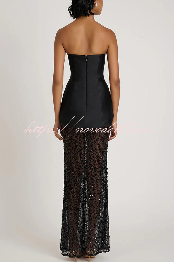 Nerissa Satin cutout metal ball Patchwork sequin hem strapless maxi dress
