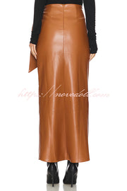 Snappy Casual Slay Faux Leather High Rise Wrap Tie-up Stretch Maxi Skirt