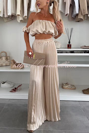 Jorie Satin Off Shoulder Puff Sleeve Crop Top and Elastic Waist Pleated Wide Leg Pants Set