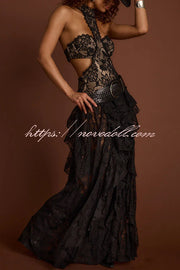A Girls' Trip Lace High Neck Cutout Drop Waist Ruffles Maxi Dress