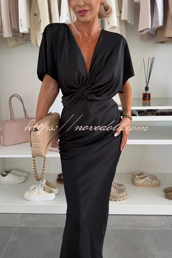 Satin Solid Color V-neck Cross Knot Slim Maxi Dress