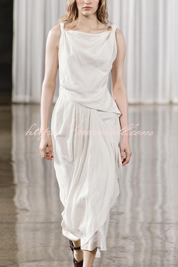 Sculptural Effect Linen Blend Twisted Shoulder Strap Drape Maxi Dress