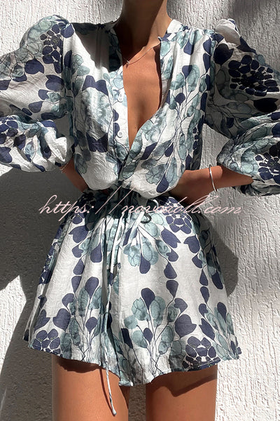 Lilianna Unique Floral Print Button Balloon Sleeve Tiered Loose Mini Dress