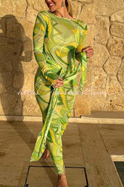 Nessie Mesh Unique Print Tie-up Waist Long Sleeve Stretch See-Through Maxi Dress