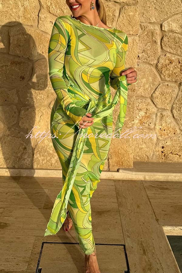 Nessie Mesh Unique Print Tie-up Waist Long Sleeve Stretch See-Through Maxi Dress