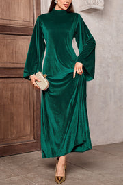 Solid Color Velvet Bell Sleeves Tie Waist Elegant Maxi Dress