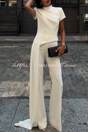 Pippa High Neck Short Sleeve Irregular Drape Hem Top and Elastic Waist Flare Pants Set