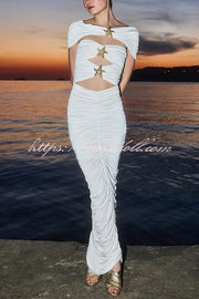 Solid Starfish Decoration Shawl and Cutout Stretch One-Piece Swimsuit