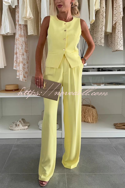 Workplace Chic Sleeveless Button Vest and Relaxed Pocket Wide Leg Pants Set