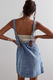 Solid Color Sleeveless V-neck Pocket Adjustable Denim Suspender Mini Dress