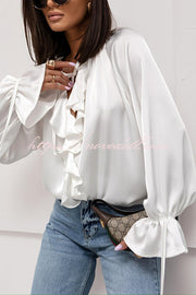 Satin Solid Color V-neck Tie Ruffle Casual Shirt