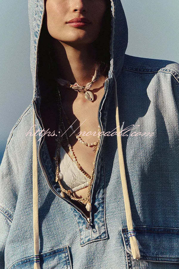 Fashion Loose Pocket Casual Denim Zipper Hoodie
