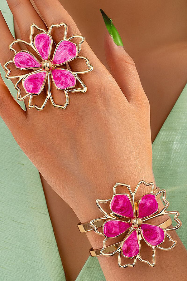 Fashionable Hollow Double-layer Petal Colored Oil Drop Bracelet Ring Set