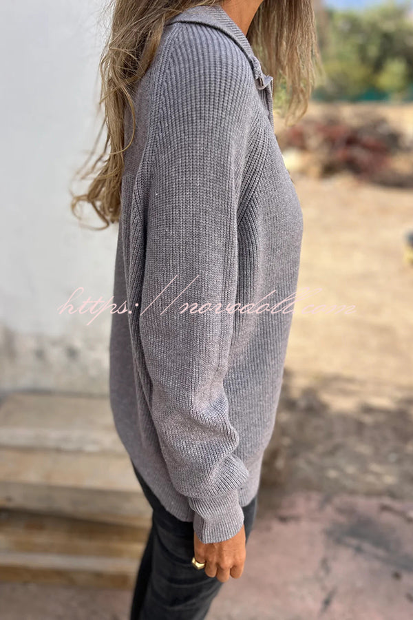 Solid Color Long Sleeve Lapel Zipper Casual Knitted Sweater