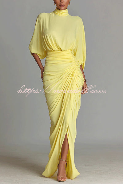Fashionable High-neck Half-sleeve Waist-cinching Pleated Maxi Dress