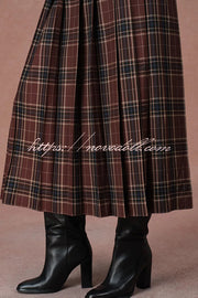 Yehudit Plaid Belt Buckle Design High Rise Pocket Midi Umbrella Skirt
