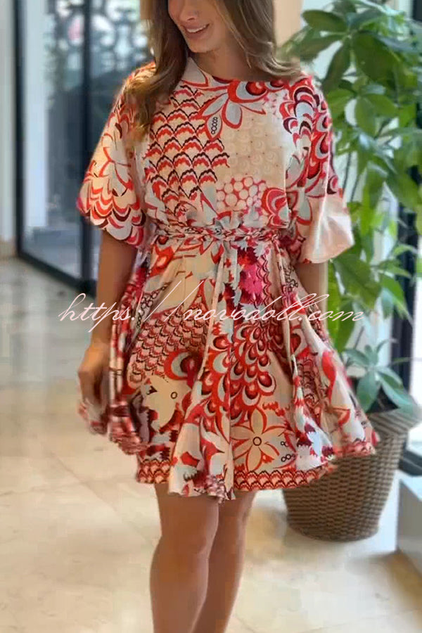 Unique Printed Round Neck Short Sleeve Waist Tie Vacation Mini Dress