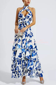 Gorgeous Styling Botanical Print Halter Neck Open Back Tiered Hem Maxi Dress