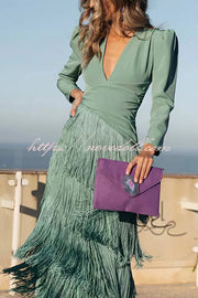 Solid Color V-Neck Long Sleeve Elegant Tassel Maxi Dress