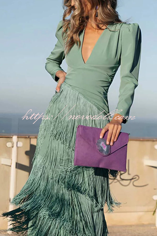 Solid Color V-Neck Long Sleeve Elegant Tassel Maxi Dress