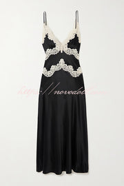 Dreaming of You Contrast Color Satin Lace Trim Back Tie-up Slip Midi Dress