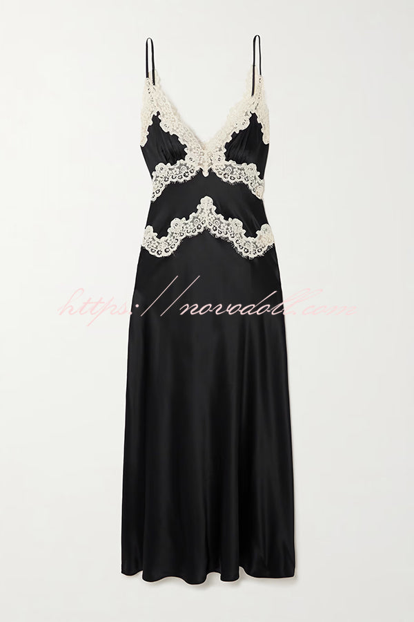Dreaming of You Contrast Color Satin Lace Trim Back Tie-up Slip Midi Dress