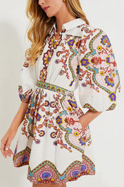 Fun and Vibrant Linen Blend Unique Print Puff Sleeve Pocketed Shirt Mini Dress