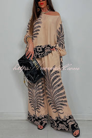 Unique Print Loose Drawstring Long Sleeve Top and Elastic Waist Casual Pocket Wide Leg Pants Set