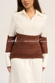 Fashionable Pleated Contrast Patchwork Waist Long Sleeve Button Shirt Maxi Dress