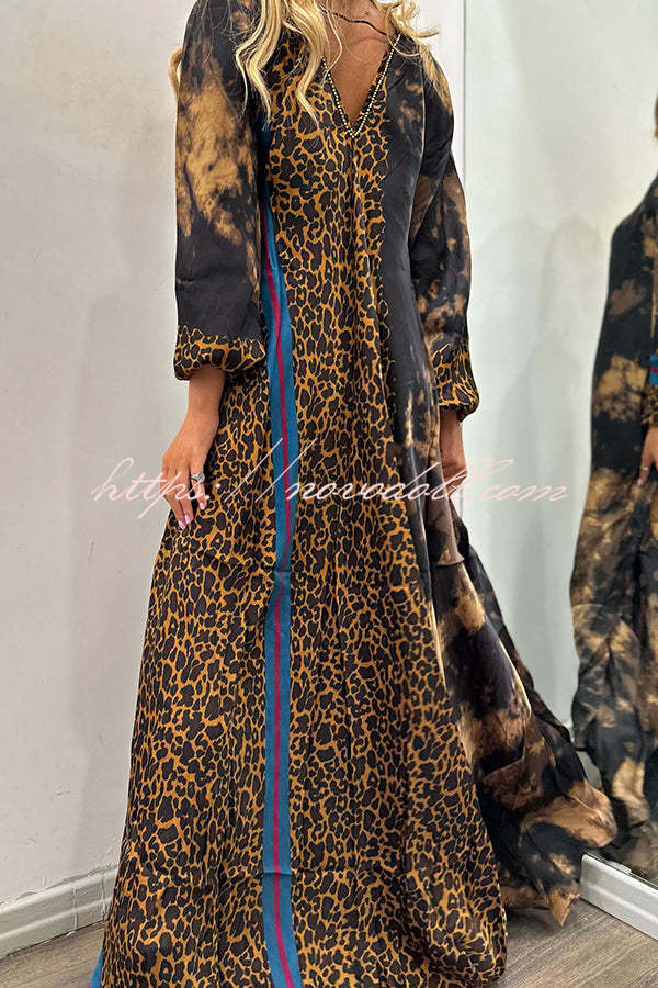 Touch of Fall Tie-dye Leopard Colorblock A-line Swing Maxi Dress