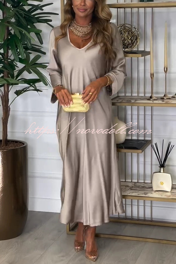 Solid Color V-neck Long-sleeved Loose Draped Maxi Dress