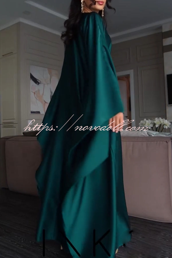 Dignified and Elegant Satin Batwing Sleeve with Waist Tie Design A-line Maxi Dress