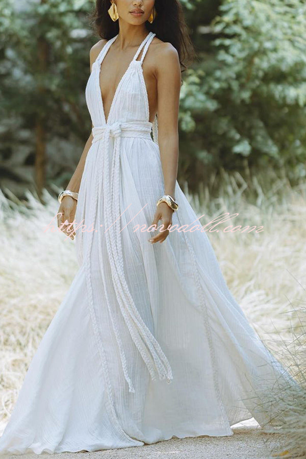 Summer Whispers Linen Blend Draped Braids Deep V-neck Halter Backless Cover Up Maxi Dress