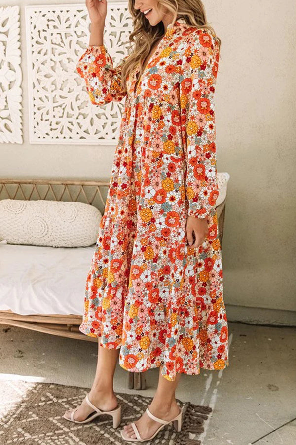 Bohemian Floral Print Loose Casual Long Sleeve Midi Dress