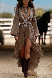 Retro V-neck Lantern Sleeve Ruffled Irregular Hem Maxi Dress