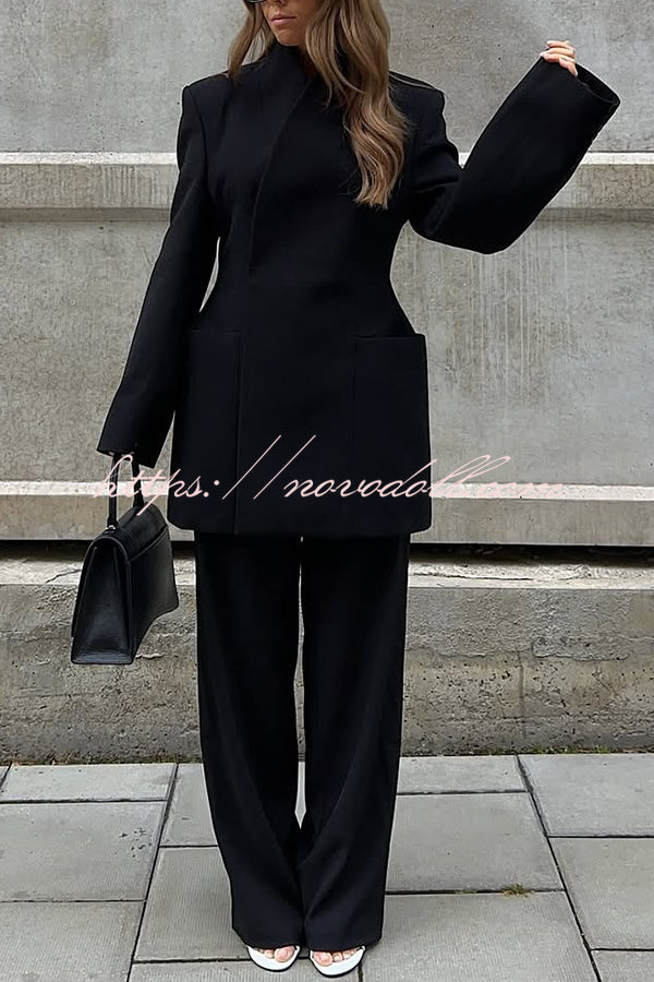 Solid Color Lapel Long Sleeve Casual Pocket Long Blazer