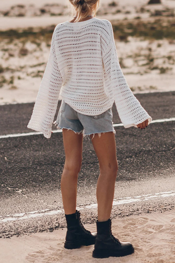 Living Easy Knit Bell Sleeve Hollow Out Relaxed Top