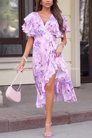 Unique Printed V-neck Ruffled Loose Midi Dress