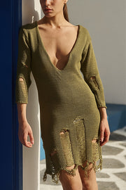 Solid Color V-neck Long Sleeve Slim Fit Raw Edge Knitted Mini Dress