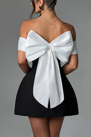 Sexy Contrast Off-the-shoulder Bow-embellished Mini Dress